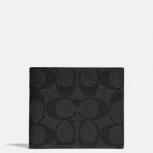 COACH SIGNATURE 2 IN ONE LEATHER WALLET & ID CARD CASE-CHARCOAL BLACK
